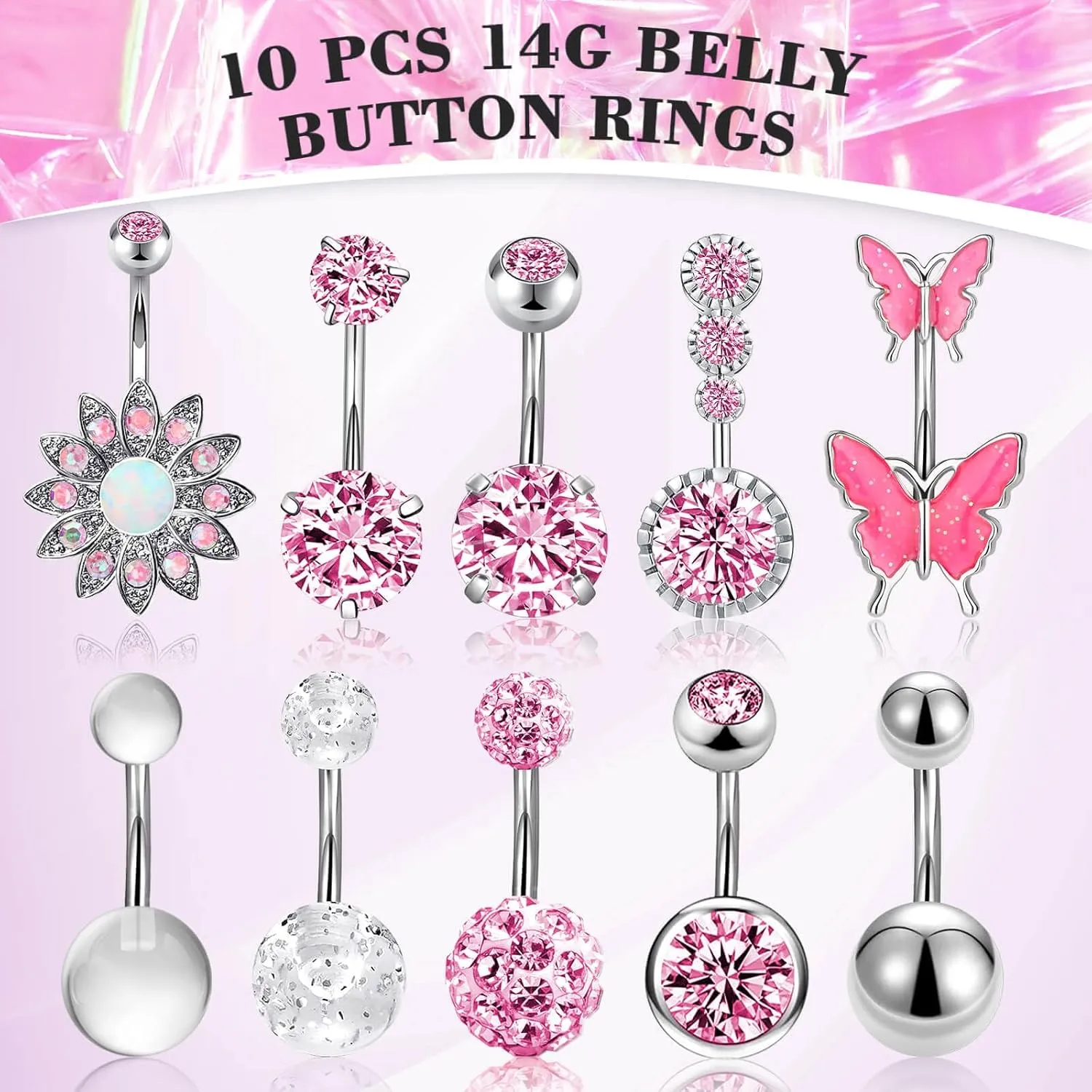 10 Pcs Hypoallergenic Belly Button Rings, 14G Surgical Steel Belly Piercing Jewelry With Cubic Zirconia Diamond Barbs