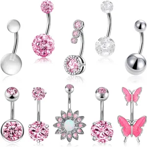 10 Pcs Hypoallergenic Belly Button Rings, 14G Surgical Steel Belly Piercing Jewelry With Cubic Zirconia Diamond Barbs