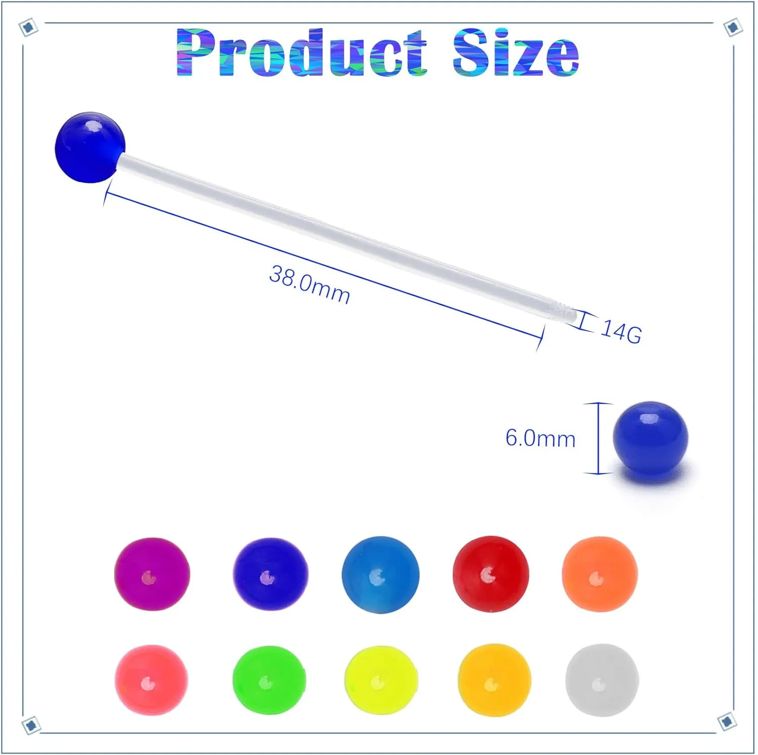 10 Pcs Industrial Barbell Earrings 14G Bioflex Cartilage Earring Body Piercing Jewelry 38mm Bar Colorful Acrylic Balls
