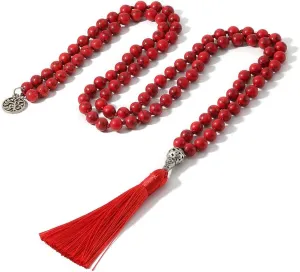 108 Mala Prayer Beads Necklace Natural Stones Meditation Yoga Jewery 108 Hand Knotted Japa Mala Beaded Long Tassel Necklace with Tree of Life Pendant for Men and Women