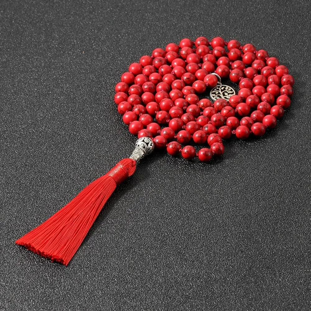 108 Mala Prayer Beads Necklace Natural Stones Meditation Yoga Jewery 108 Hand Knotted Japa Mala Beaded Long Tassel Necklace with Tree of Life Pendant for Men and Women