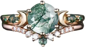 10K 14K 18K Rose Gold 2CT Natural Moss Agate Engagement Ring Set for Women 925 Sterling Silver Genuine Round Green Moss Agate Leaf Art Deco Bridal Wedding Ring Set (Size 4-15)