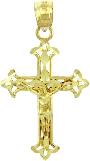 10K or 14K White, Yellow, or Rose Gold 1-1/4" Fleur De Lis Openwork Crucifix Charm Pendant Religious Jewelry - Your Choice of Metal Color