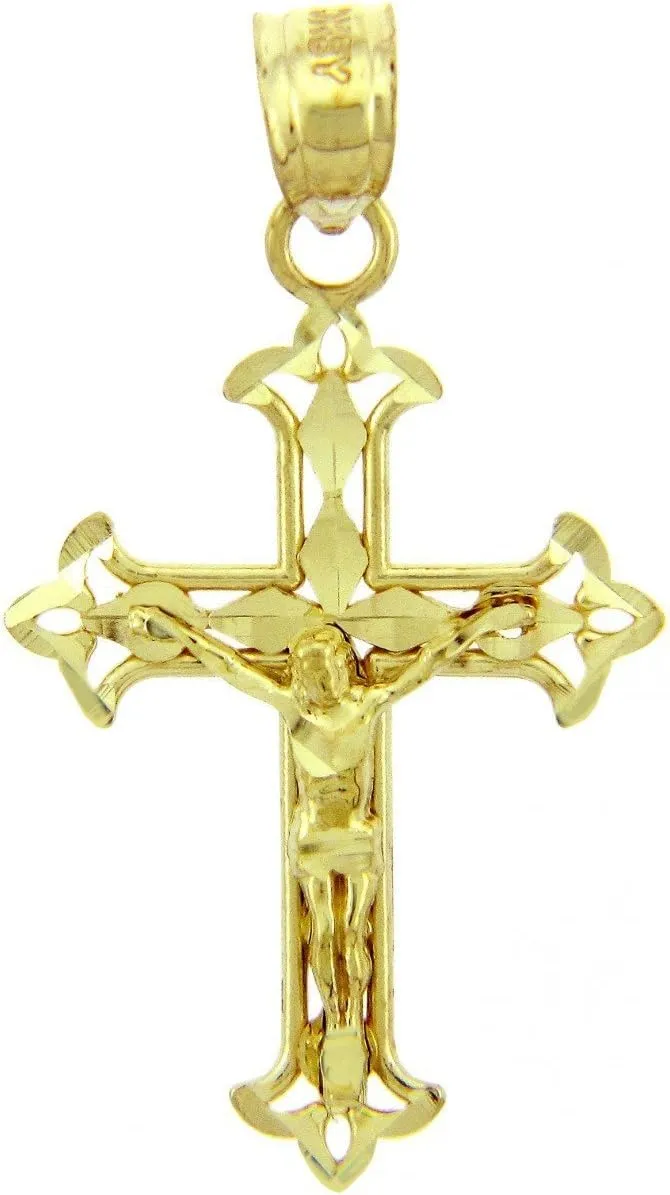 10K or 14K White, Yellow, or Rose Gold 1-1/4" Fleur De Lis Openwork Crucifix Charm Pendant Religious Jewelry - Your Choice of Metal Color