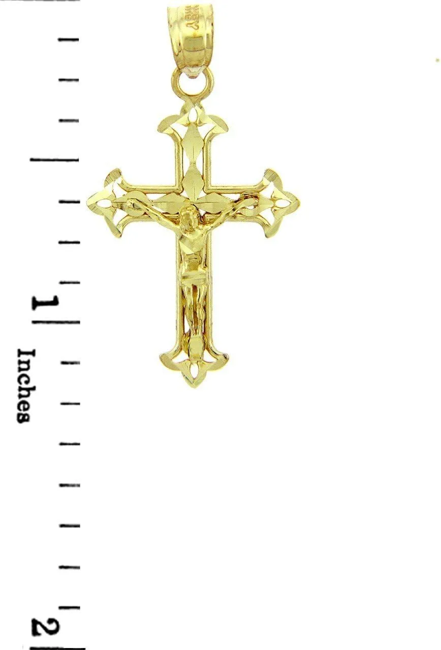 10K or 14K White, Yellow, or Rose Gold 1-1/4" Fleur De Lis Openwork Crucifix Charm Pendant Religious Jewelry - Your Choice of Metal Color