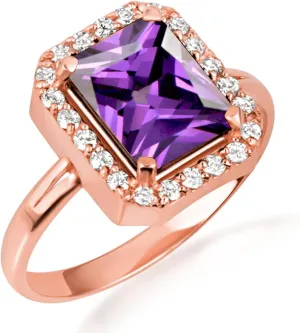 10K Rose Gold Amethyst Radiant Cut Cubic Zirconia Birthstone Halo Ring - Size 6