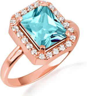 10K Rose Gold Aquamarine Radiant Cut Cubic Zirconia Birthstone Halo Ring - Size 7-1/2