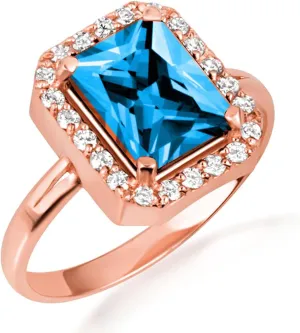 10K Rose Gold Blue Topaz Radiant Cut Cubic Zirconia Birthstone Halo Ring - Size 9-1/2