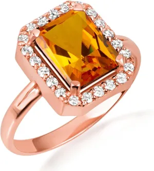 10K Rose Gold Citrine Radiant Cut Cubic Zirconia Birthstone Halo Ring - Size 8-1/4