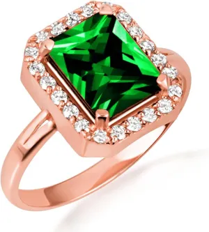 10K Rose Gold Emerald Radiant Cut Cubic Zirconia Birthstone Halo Ring - Size 10-1/4