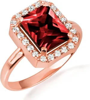 10K Rose Gold Garnet Radiant Cut Cubic Zirconia Birthstone Halo Ring - Size 8-1/4
