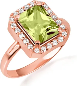 10K Rose Gold Peridot Radiant Cut Cubic Zirconia Birthstone Halo Ring - Size 7-1/4