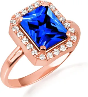 10K Rose Gold Sapphire Radiant Cut Cubic Zirconia Birthstone Halo Ring - Size 10