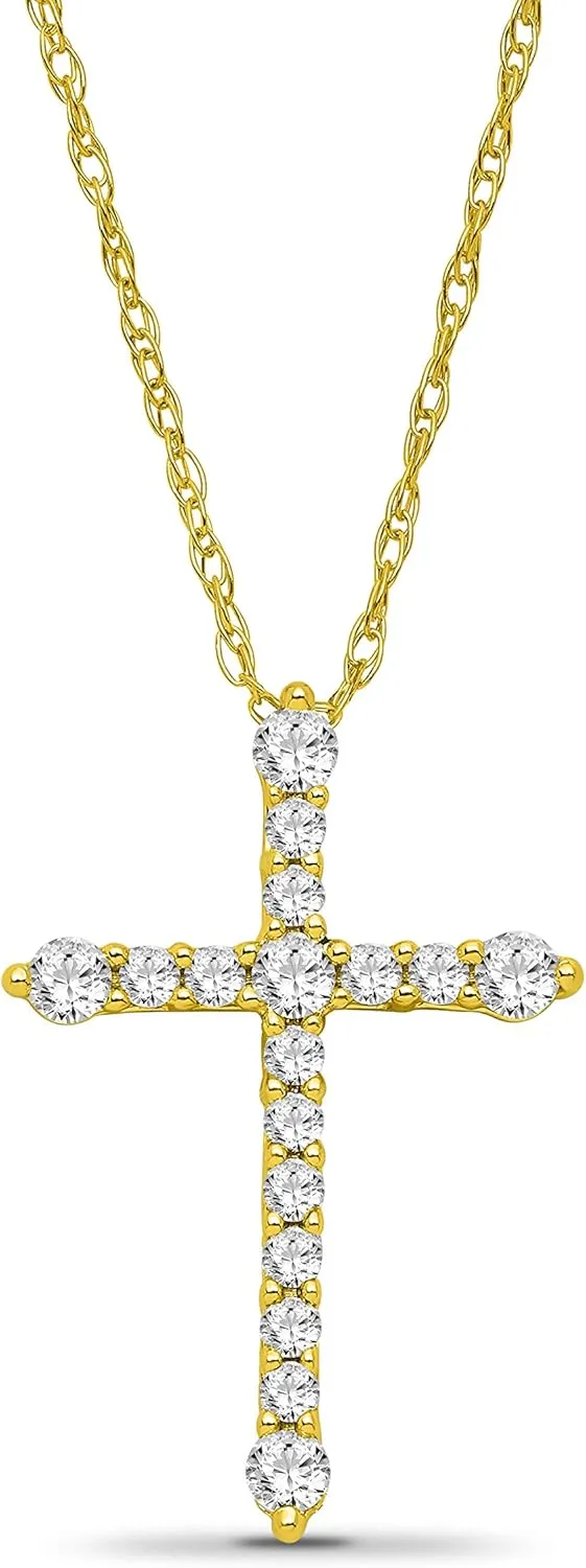 10K White and Yellow Gold or Sterling Silver Diamond Cross Pendant Rope Chain Necklace (1/4 cttw, I-J Color, I2-I3 Clarity) 18"
