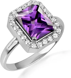 10K White Gold Amethyst Radiant Cut Cubic Zirconia Birthstone Halo Ring - Size 10