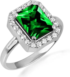 10K White Gold Emerald Radiant Cut Cubic Zirconia Birthstone Halo Ring - Size 6