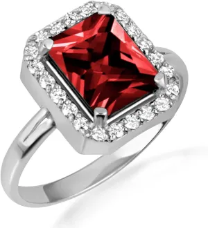 10K White Gold Garnet Radiant Cut Cubic Zirconia Birthstone Halo Ring - Size 7-1/2