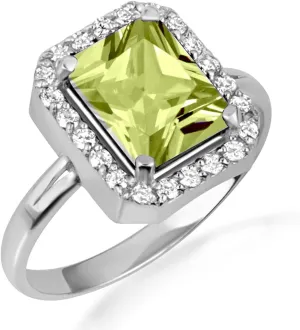 10K White Gold Peridot Radiant Cut Cubic Zirconia Birthstone Halo Ring - Size 10-1/4