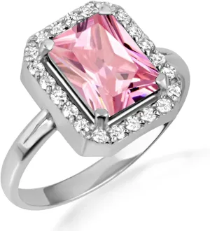 10K White Gold Pink Radiant Cut Cubic Zirconia Birthstone Halo Ring - Size 6-1/4