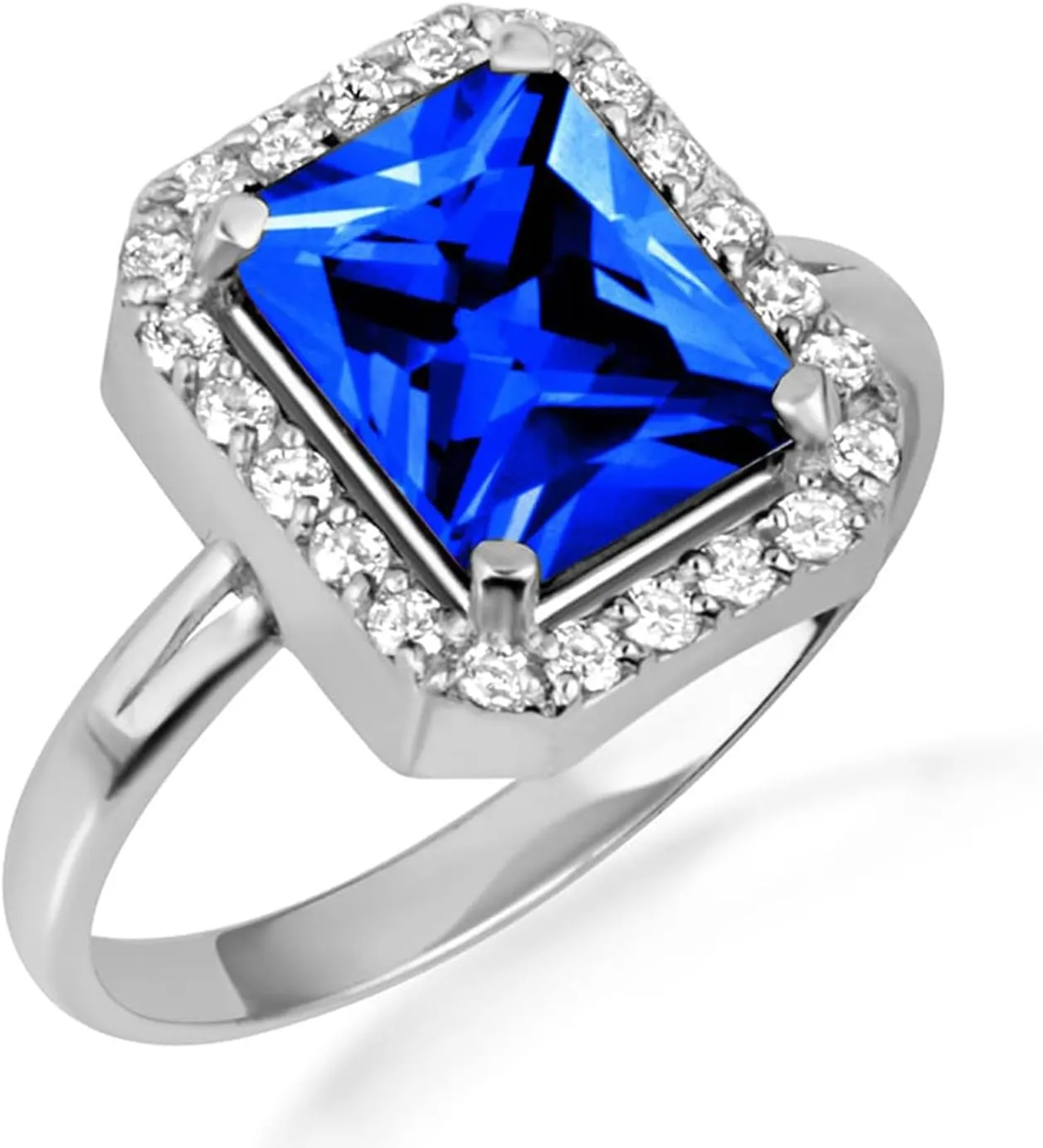 10K White Gold Sapphire Radiant Cut Cubic Zirconia Birthstone Halo Ring - Size 6