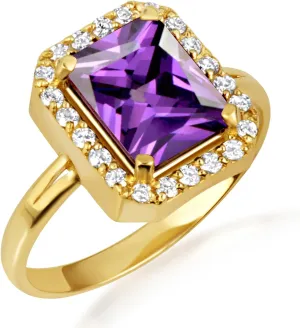 10K Yellow Gold Amethyst Radiant Cut Cubic Zirconia Birthstone Halo Ring - Size 7-1/2