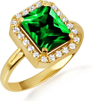 10K Yellow Gold Emerald Radiant Cut Cubic Zirconia Birthstone Halo Ring - Size 11