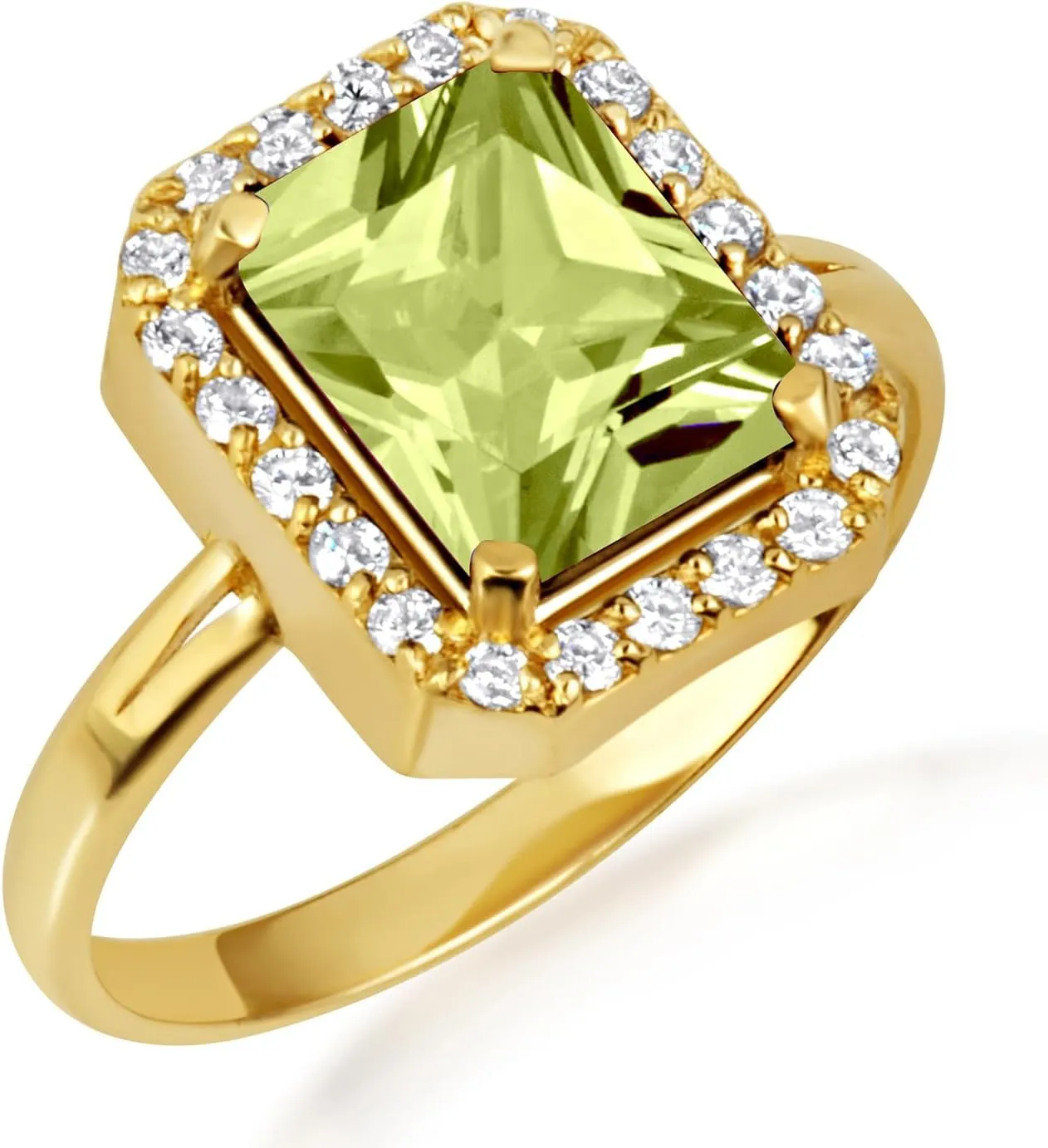 10K Yellow Gold Peridot Radiant Cut Cubic Zirconia Birthstone Halo Ring - Size 6-1/4