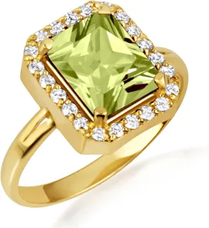 10K Yellow Gold Peridot Radiant Cut Cubic Zirconia Birthstone Halo Ring - Size 6-1/4