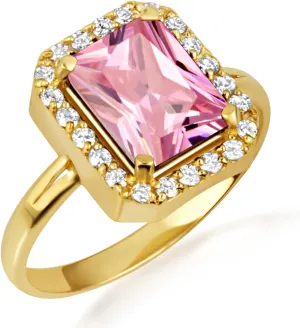 10K Yellow Gold Pink Radiant Cut Cubic Zirconia Birthstone Halo Ring - Size 4-1/4