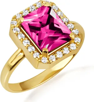 10K Yellow Gold Ruby Radiant Cut Cubic Zirconia Birthstone Halo Ring - Size 4-1/4