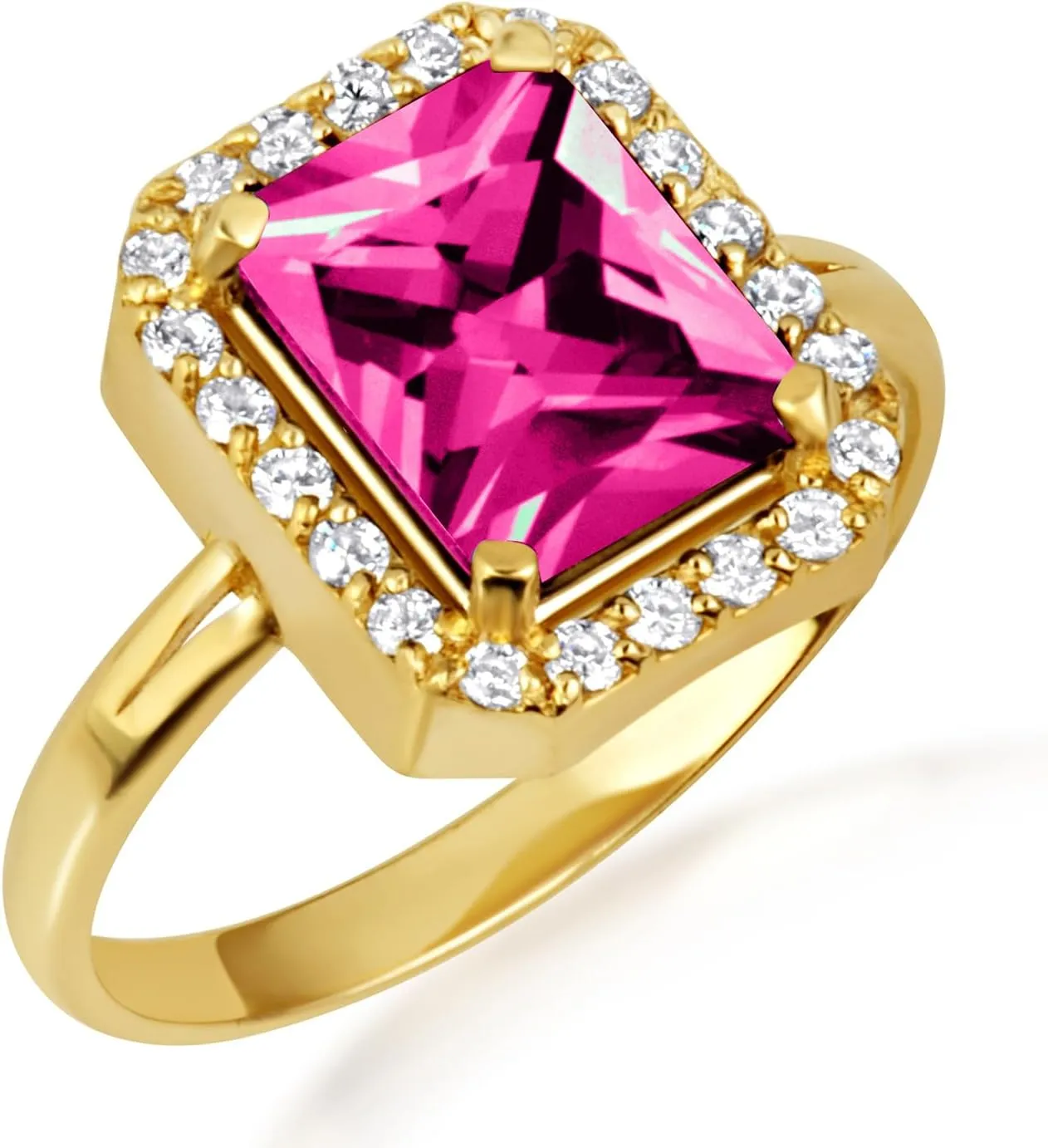 10K Yellow Gold Ruby Radiant Cut Cubic Zirconia Birthstone Halo Ring - Size 8