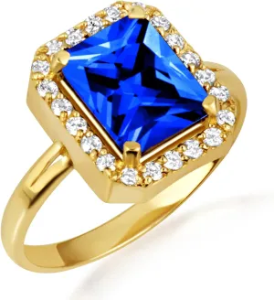 10K Yellow Gold Sapphire Radiant Cut Cubic Zirconia Birthstone Halo Ring - Size 5-3/4