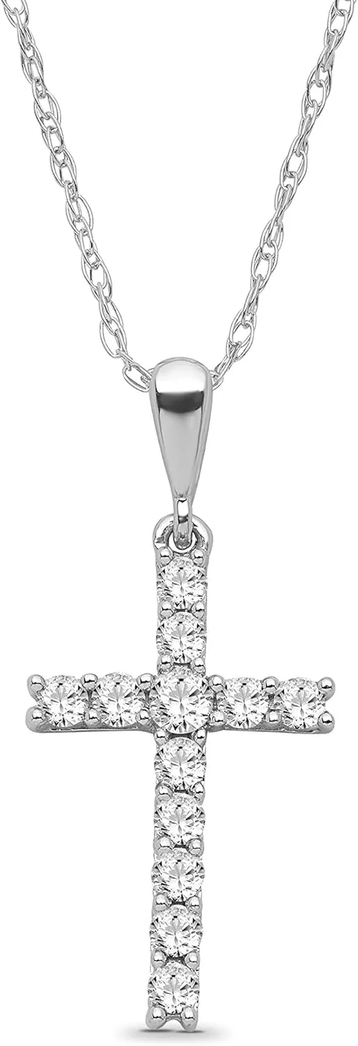 10K Yellow, White or Rose Gold Round Diamond Cross Pendant with Sterling Silver Rope Chain Necklace (1/4 cttw, I-J Color, I2-I3 Clarity) 18"