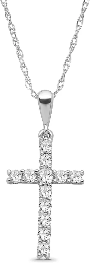 10K Yellow, White or Rose Gold Round Diamond Cross Pendant with Sterling Silver Rope Chain Necklace (1/4 cttw, I-J Color, I2-I3 Clarity) 18"