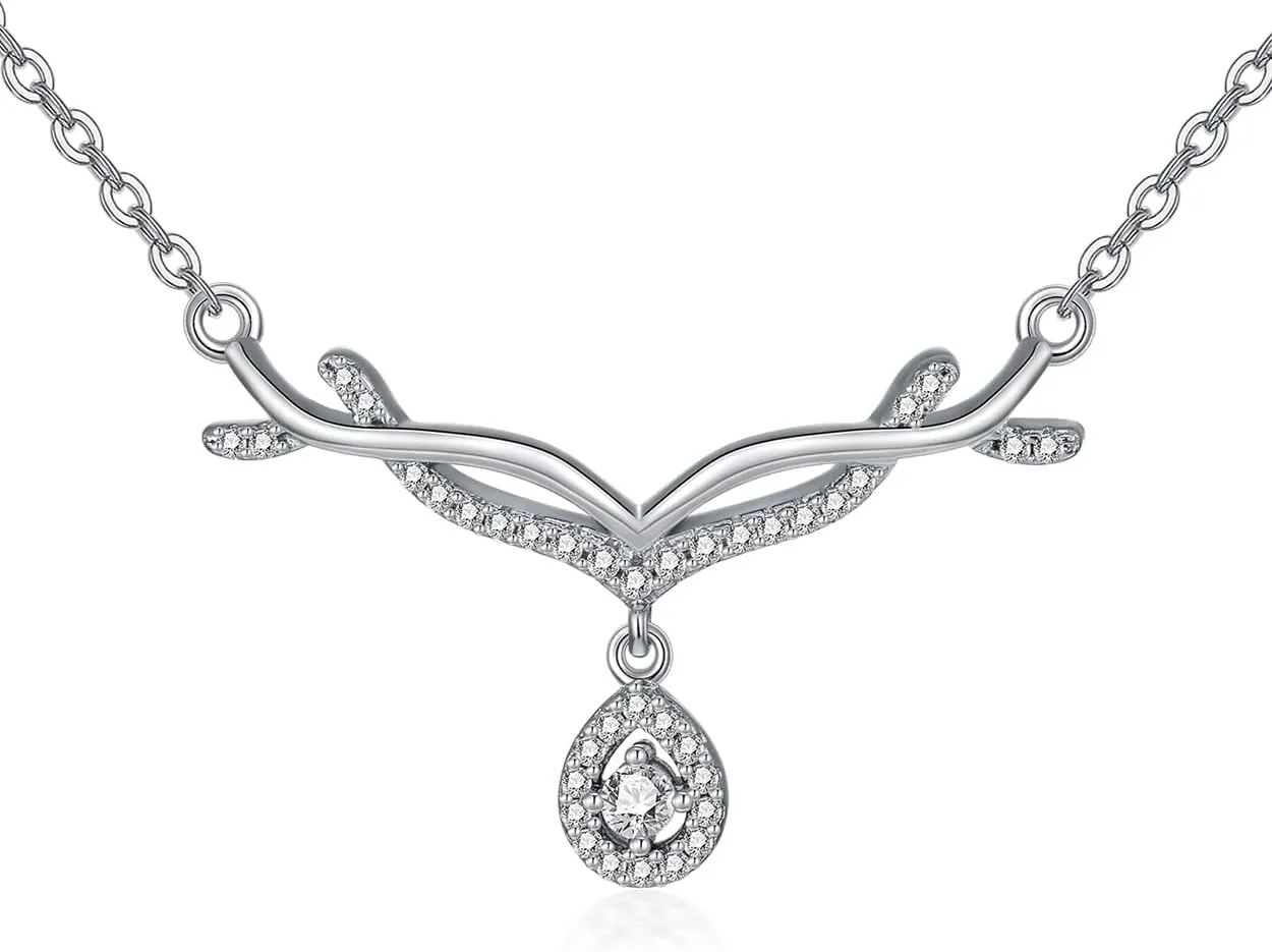1/14 Carat Diamond Deer Antler Necklace for Women 925 Sterling Silver 18K White Gold Plated Lab Grown Diamond Fine Christmas Antler Jewelry