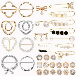 12-45PCS Scarf Ring Clip Pearl Brooch Pins - T-shirt Sweater Shawl Ties Clips Clothes Corner Knotted Button Fashion Metal Round Circle Shirt Clip Buckle Brooches for Women Girls Gift