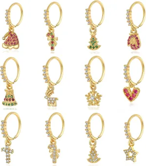 12PCS Christmas Dangle Nose Ring Colored Zircon Christmas Tree Hat Bells Snowflake Lollipop Shape Dangling Nose Hoop Rings for Women Nose Piercing Jewelry