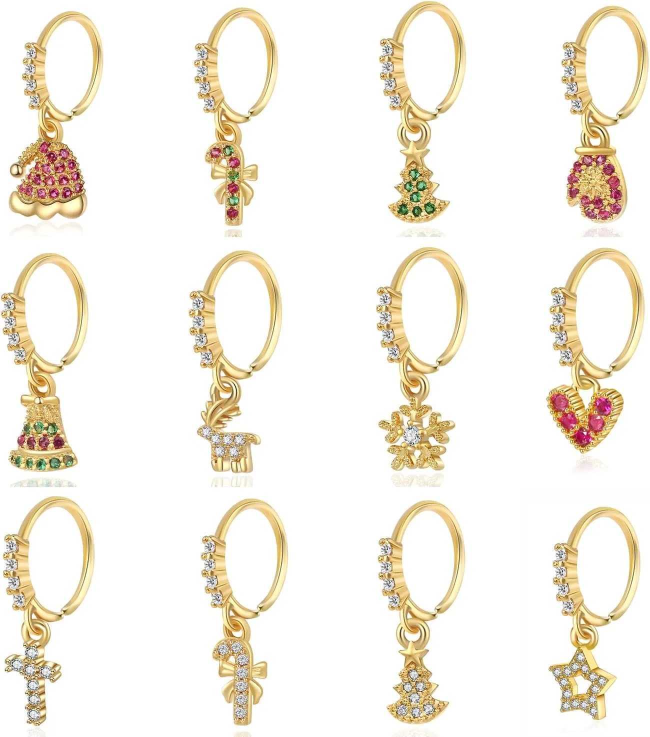 12PCS Christmas Dangle Nose Ring Colored Zircon Christmas Tree Hat Bells Snowflake Lollipop Shape Dangling Nose Hoop Rings for Women Nose Piercing Jewelry