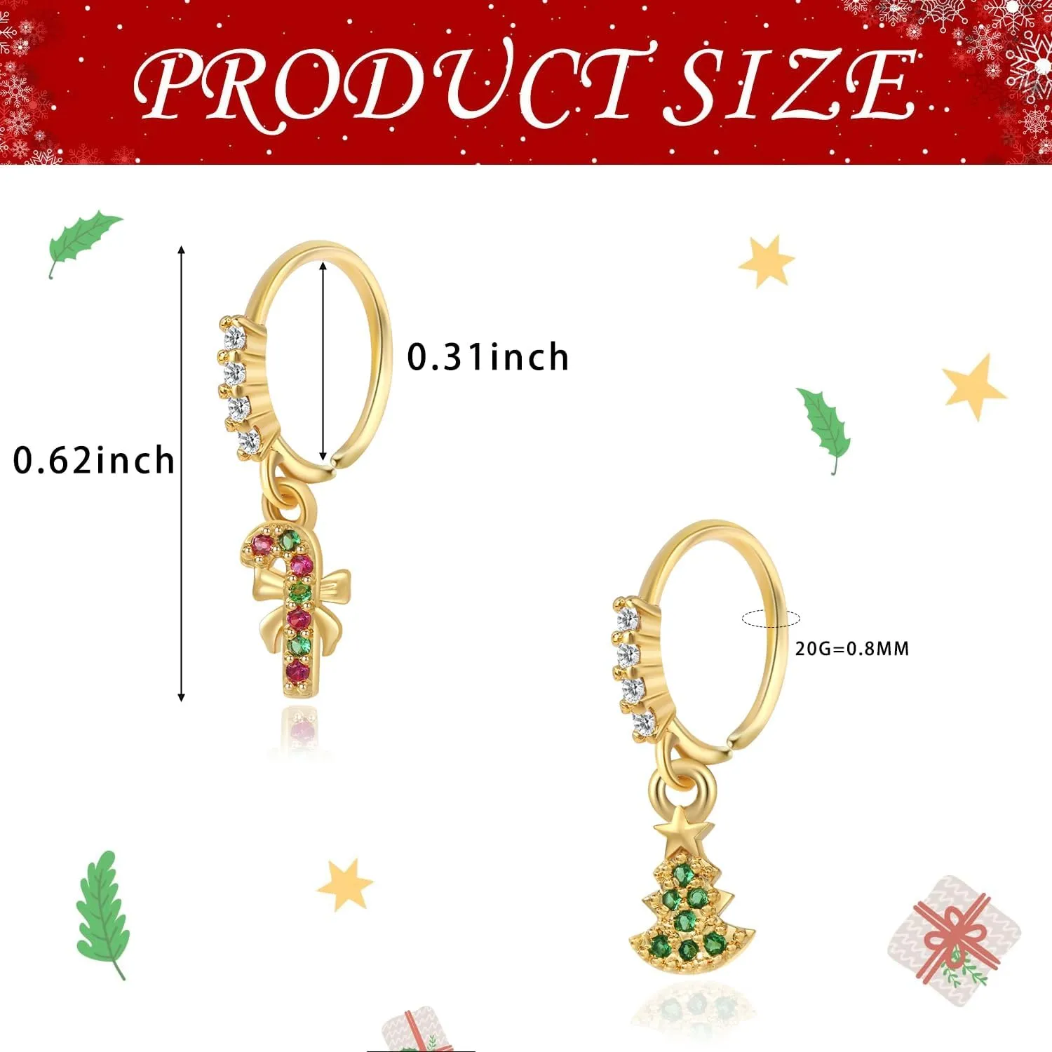 12PCS Christmas Dangle Nose Ring Colored Zircon Christmas Tree Hat Bells Snowflake Lollipop Shape Dangling Nose Hoop Rings for Women Nose Piercing Jewelry