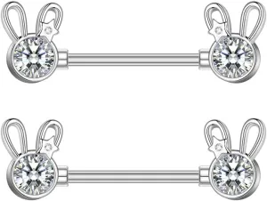 14G Cute Rabbit Nipple Rings Stainless Steel Cubic Zirconia Crystal Bunny Tongue Ring Nipple Studs Barbell Piercing Bar Body Pierced Jewelry Gifts for Women BFF