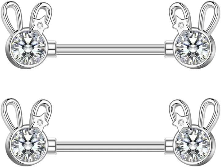 14G Cute Rabbit Nipple Rings Stainless Steel Cubic Zirconia Crystal Bunny Tongue Ring Nipple Studs Barbell Piercing Bar Body Pierced Jewelry Gifts for Women BFF