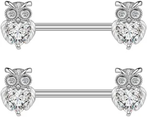 14G Dainty Owl Nipple Rings for Women Stainless Steel Fake Diamond Crystal Rhinestone Nipple Piercing Nipple Straight Barbells Tongue Rings Sexy Body Piercing Jewelry Gifts for Birthday BFF