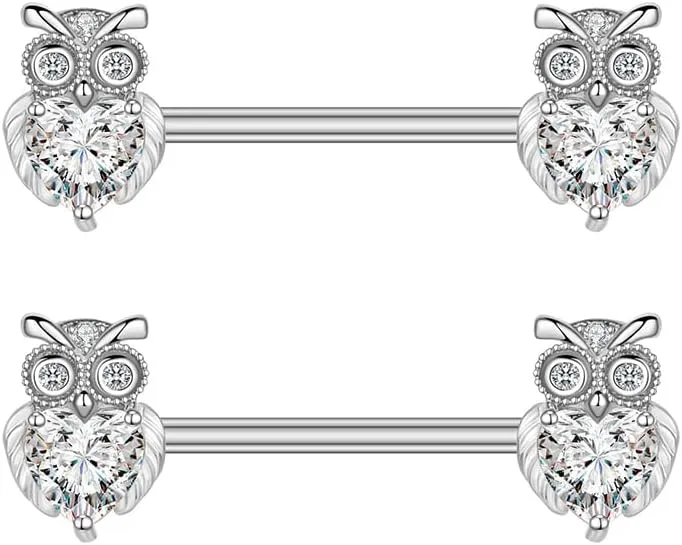 14G Dainty Owl Nipple Rings for Women Stainless Steel Fake Diamond Crystal Rhinestone Nipple Piercing Nipple Straight Barbells Tongue Rings Sexy Body Piercing Jewelry Gifts for Birthday BFF