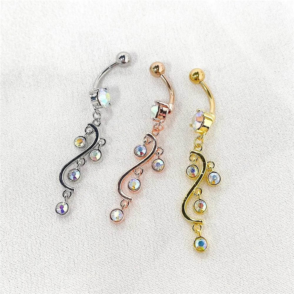 14G S-Shaped Colorful CZ Dangle Belly Button Rings for Women Hypoallergenic Surgical Steel Belly Navel Ring 3/8 Inch Navel Curved Barbell Dangling Body Piercing Jewelry