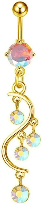 14G S-Shaped Colorful CZ Dangle Belly Button Rings for Women Hypoallergenic Surgical Steel Belly Navel Ring 3/8 Inch Navel Curved Barbell Dangling Body Piercing Jewelry