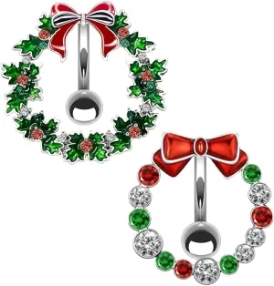 14G Stainless Steel Christmas Wreath Belly Button Rings Christmas CZ Belly Button Barbell Rings Body Piercing Jewelry for Women