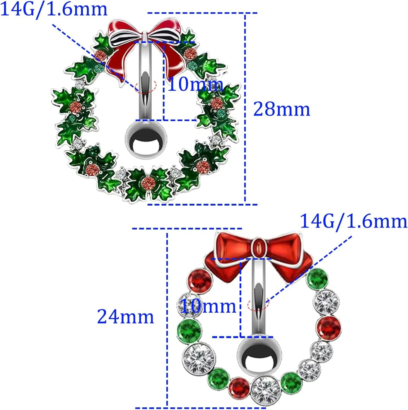 14G Stainless Steel Christmas Wreath Belly Button Rings Christmas CZ Belly Button Barbell Rings Body Piercing Jewelry for Women