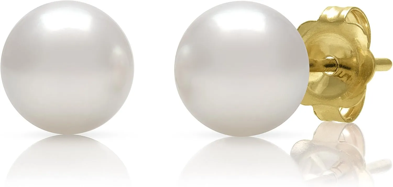 14K Gold AAA Quality White Cultured Freshwater Pearl Stud Earrings