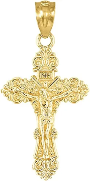 14K Gold Floral INRI Crucifix Pendant Charm - Choice of Metal