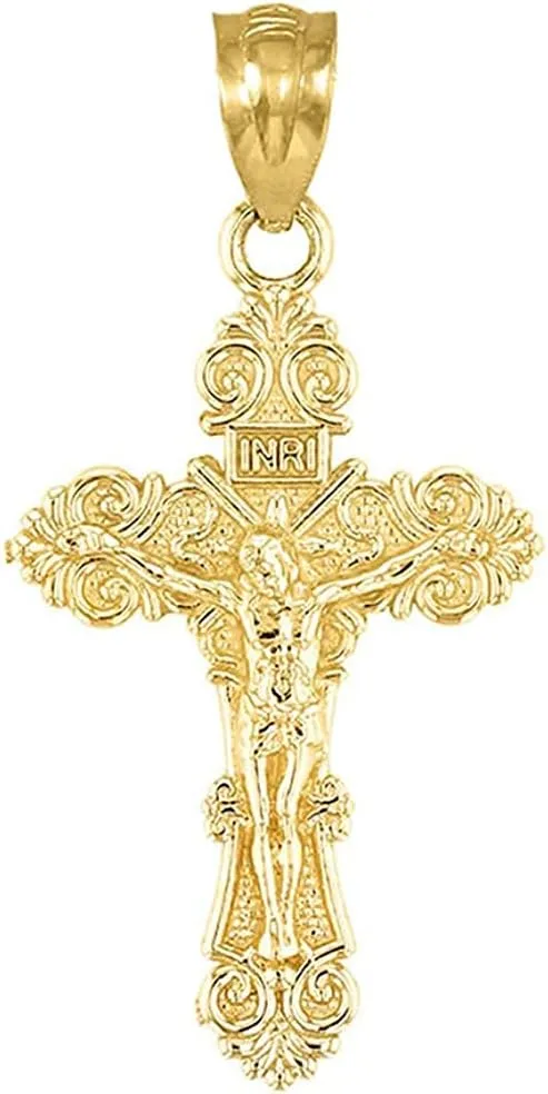14K Gold Floral INRI Crucifix Pendant Charm - Choice of Metal